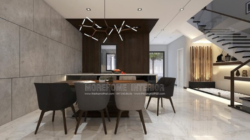 Trang trí phòng ăn với xu hướng sử dụng bàn ăn gỗ nguyên khối và bộ bàn ghế không đồng bộ màu sẽ mang lại cách nhìn mới lạ. Mẫu thiết kế và thi công nội thất biệt thự