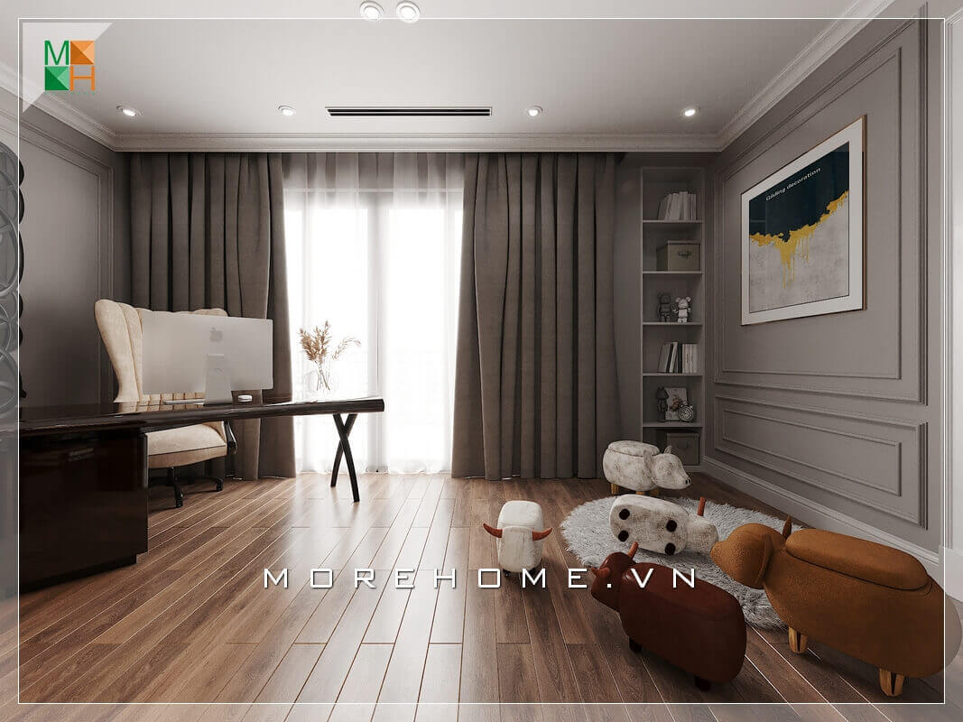 Mẫu thiết kế phòng làm việc chung cư, biệt thự, nhà phố đẹp, bố trí ngăn nắp, có ban công bằng kính rộng tràn đầy ánh sáng. Thiết kế nội thất chung cư
