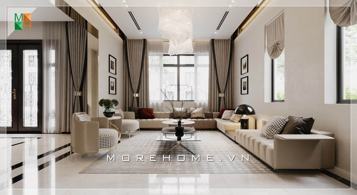 Mẫu ghế sofa phòng khách rất tinh tế và bố trí khoa học nâng tầm sang trọng cho không gian nơi đây. Thiết kế phòng khách biệt thự