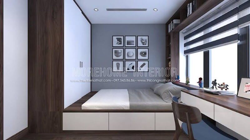 Tủ quần áo liền giường vân gỗ óc chó đẹp sang trọng. Mẫu nội thất biệt thự đẹp