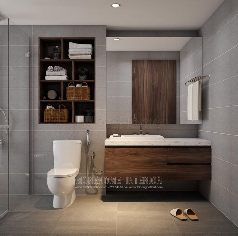 Tủ nhà tắm đẹp ấn tượng từ cánh tủ gỗ óc chó ốp mặt đá sang trọng. Mẫu nội thất biệt thự đẹp