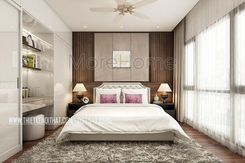 Trang trí nội thất phòng ngủ master sang trọng, độc đáo với giường ngủ hiện đại bọc nệm đẹp, tab đầu giường sắc đen phá cách cùng tường trang trí đẹp mắt. Mẫu nội thất biệt thự đẹp