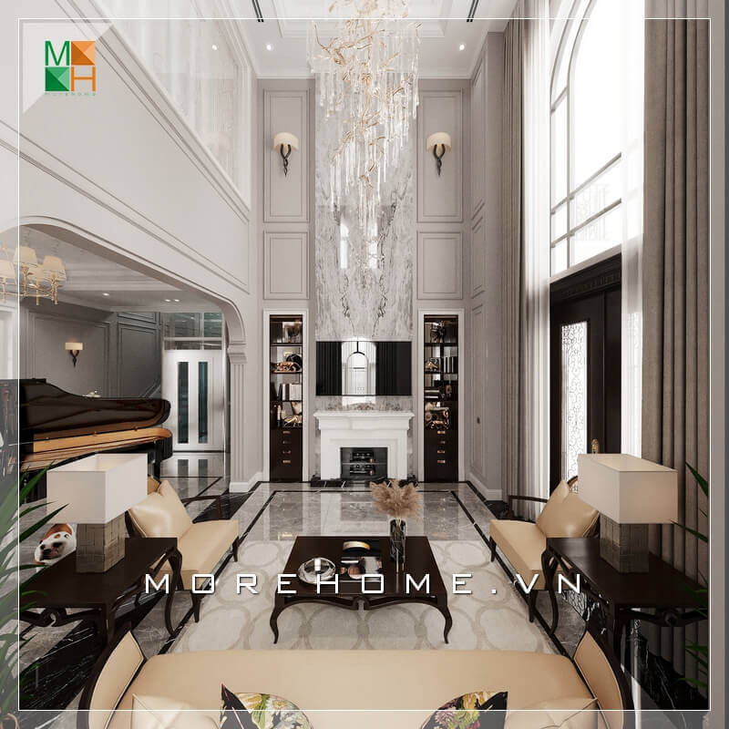 Cách bày trí không gian phòng khách rất tinh tế từ việc sử dụng đèn thả sang trọng, mọi thứ đều hài hòa và phù hợp với phong cách phòng khách tân cổ điển. Mẫu nội thất biệt thự đẹp