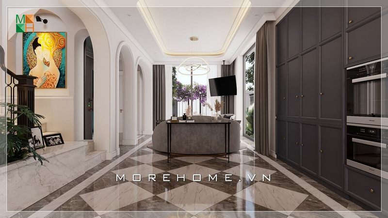 Một góc nhìn khác của mẫu thiết kế phòng khách tân cổ điển, với tông màu xám mang vẻ đẹp sang trọng, cao cấp