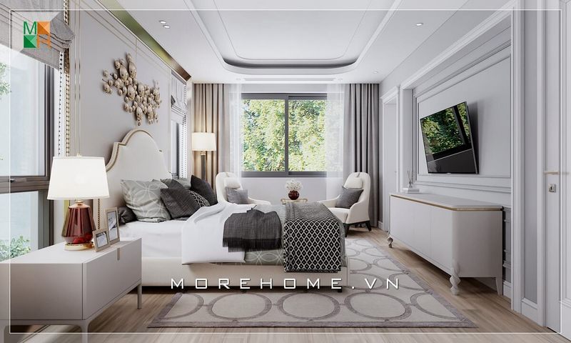 Mẫu thiết kế nột thất phòng ngủ bằng gỗ tự nhiên sơn trắng phong cách tân cổ điển cho biệt thự mang vẻ đẹp cao cấp, sang trọng