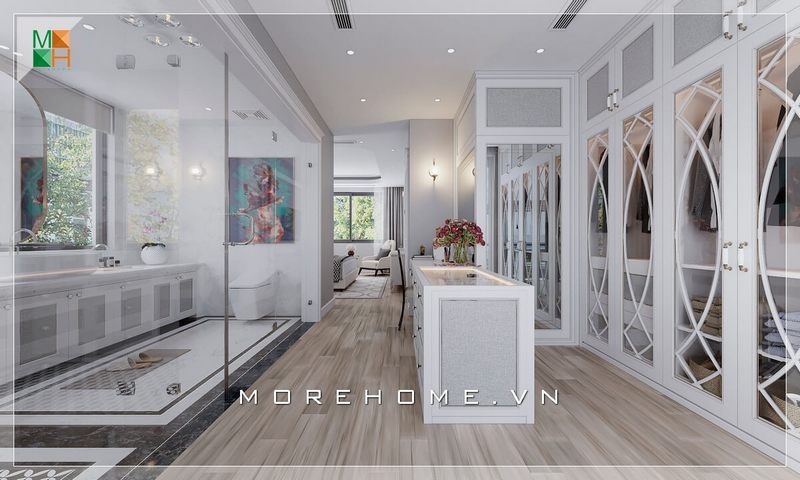 Ngắm nhìn mẫu thiết kế không gian phòng thay đồ kết hợp phòng tắm rất sang trọng tiện nghi mang phong cách tân cổ điển đầy sức hút dành cho chung cư cao cấp, nhà phố, biệt thự.