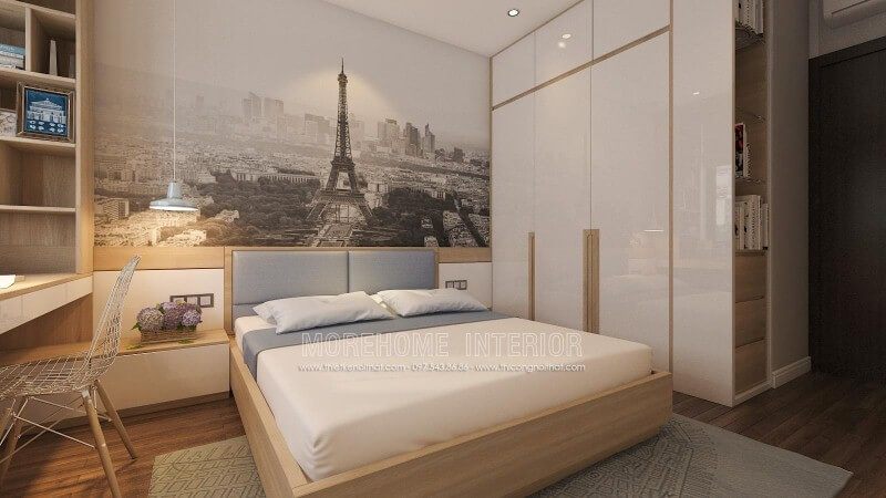 Giường bọc nệm hiện đại, tủ quần áo gỗ công nghiệp tối giản, đèn thả cùng tab đầu giường làm kệ đã tạo nên ý tưởng sắp xếp nội thất phòng ngủ đẹp, hiện đại nhưng đầy tiện ghi.