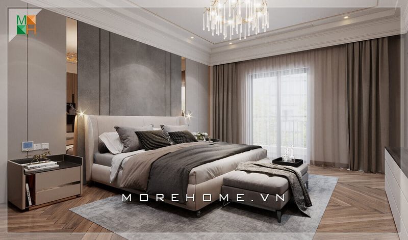 Mẫu giường ngủ cho chung cư, nhà phố, biệt thự phong cách hiện đại, với chất liệu gỗ tự nhiên bọc nệm nỉ, đầu giường cũng được bọc nệm êm ái để tựa lưng, kết hợp ghế đôn cuối giường cùng chất liệu, để gia chủ có thể thư giãn đọc sách trước khi nghỉ ngơi