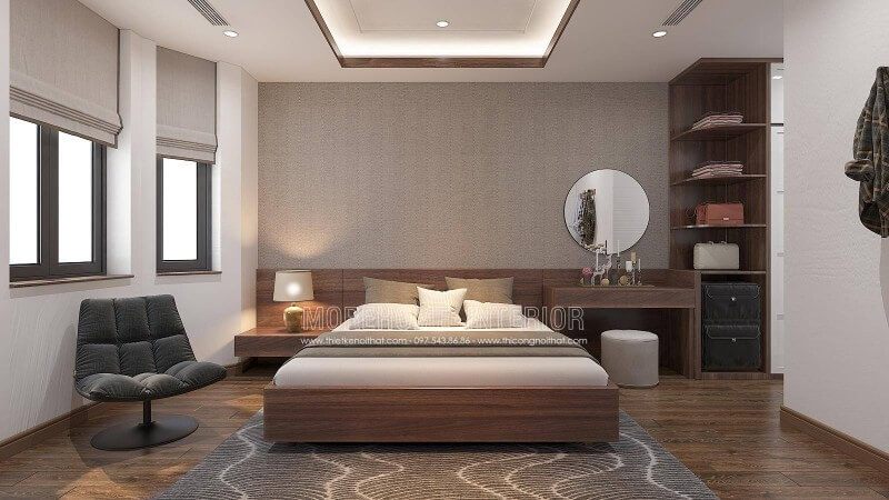 Morehome giới thiệu cho những người thích sự đơn giản và nhẹ nhàng một mẫu bố trí nội thất phòng ngủ hiện đại, sử dụng chủ yếu gam màu nâu trầm đơn sắc, để tạo nên một ý tưởng bố trí nội thất biệt thự tại Vinhomes Imperia Hải Phòng.