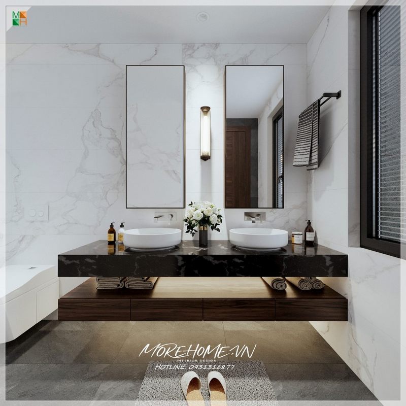 Thiết kế nội thất phòng tắm phù hợp với không gian và phong cách của gia chủ, cung cấp các tiện nghi hiện đại để hỗ trợ quá trình sử dụng sinh hoạt hằng ngày của họ.