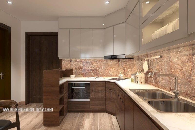 Đá ốp mặt bếp màu trắng giúp nâng cao sự sang trọng và tiện nghi của trang trí nội thất phòng bếp chung cư.