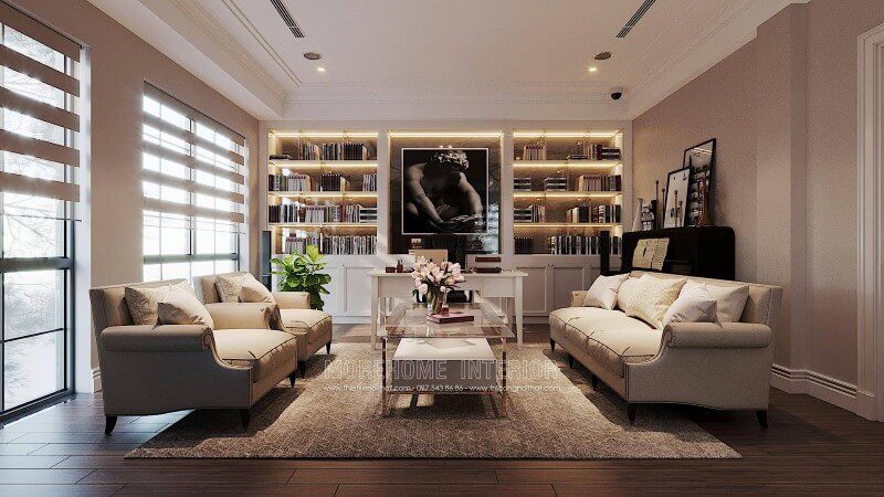 Mẫu thiết kế phòng làm việc tổng hợp phong cách tân cổ điển với sự nhẹ nhàng.