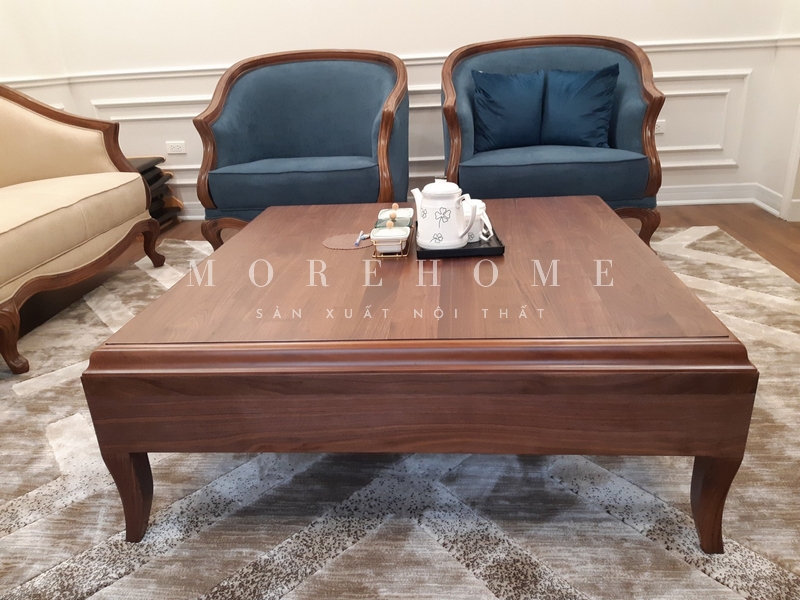 Sofa đơn khung gỗ óc chó bọc nỉ màu xanh coban tân cổ điển được thi công với tựa thoải mái cho sử dụng, cùng với đường cong uốn lượn mềm mại mang lại sự thẩm mỹ.